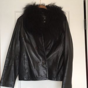 Short Black Leather jacket with fur trim